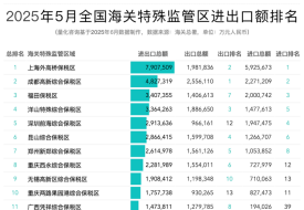 2025年5月及1-5月全國海關(guān)特殊監(jiān)管區(qū)(綜保區(qū)等)進(jìn)出口貿(mào)易額排名榜單